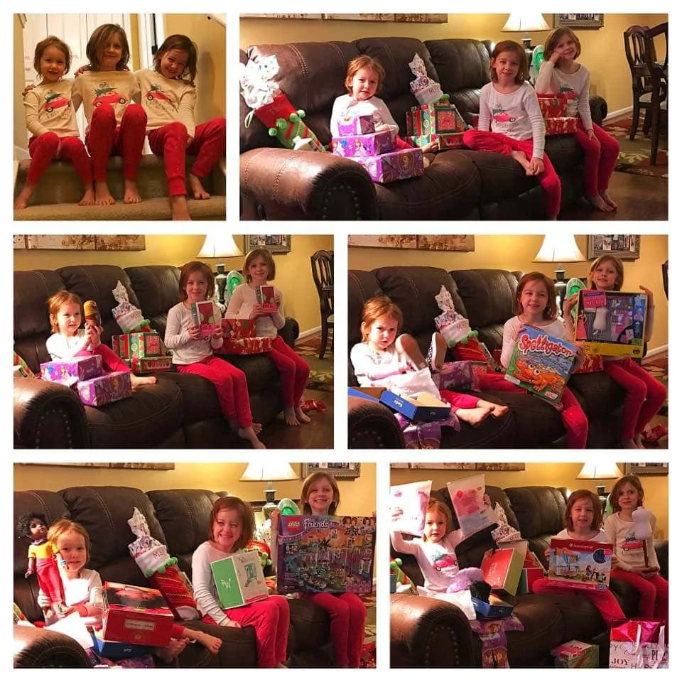 A collage of Christmas Day pictures for a family with 3 little girls 