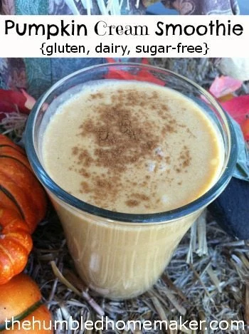This pumpkin cream smoothie is gluten-free, dairy-free and sugar-free. It's the perfect holiday treat--whether it be to celebrate fall, Thanksgiving or Christmas! It's also healthy enough to be breakfast! 