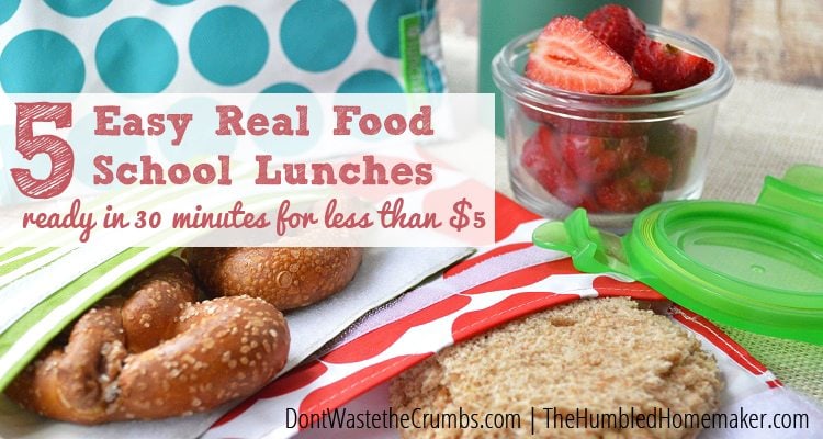 Make 5 real food school lunches for less than $5 with this plan! With these frugal real food school lunches, you can pack meals that are nourishing AND fun!
