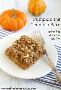The pumpkin pie crumble bars are the perfect fall treat! They're dairy, egg, and gluten free, too, and made with natural ingredients!