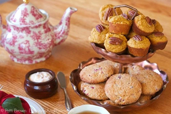 Pumpkin Muffins and Cranberry Scones are two of our favorite snacks for a fall tea party menu.