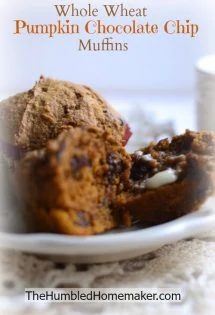 These pumpkin chocolate chip muffins look amazing!! They're made with whole wheat and sucanat so they're nice and healthy, too! Freeze a big batch to have some handy for a quick breakfast.