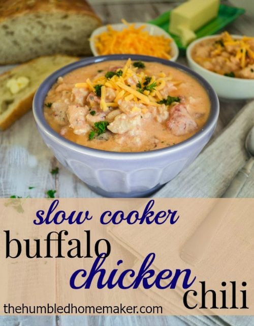 This buffalo chicken chili looks amazing!! I love that I can just put it in my crock pot and have a cozy meal without much prep work! This one uses cream cheese to produce a rich sauce...