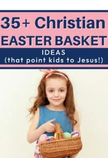 A girl with a Christian-themed Easter basket filled with eggs.
