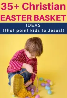 A child holding a Christian-themed easter basket.