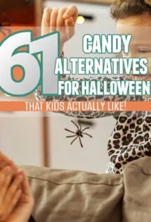 61 non-food Halloween treats that kids actually like overlay on a little girl holding a toy spider