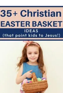 A girl holding a Christian-themed easter basket.