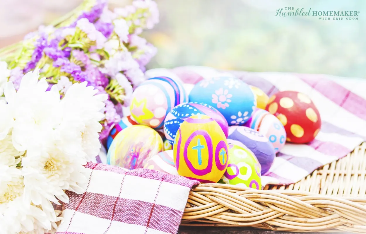 An Easter basket full of painted eggs.