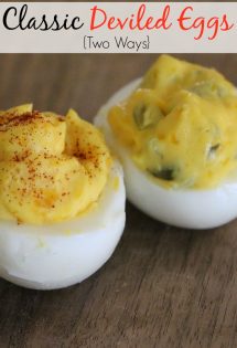 These classic deviled eggs come from two family recipes--my mom's and my husband's mom's. They are incredibly easy to whip up, and I hope you will enjoy them! 