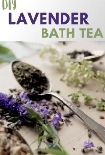 Diy bath tea with lavender overlay with a spoon of dried lavender