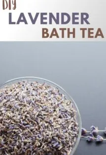 Lavender bath tea in a bowl with the text diy lavender bath tea.