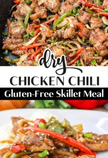 Savory dry chicken chili stir-fry cooked with vegetables, served as a gluten-free skillet meal.