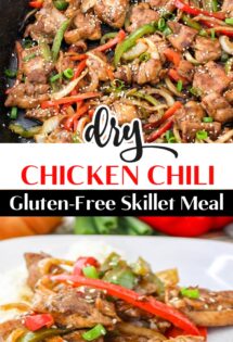 A collage showcasing dry chicken chili, a gluten-free skillet meal, with both the cooking process and the served dish featured.