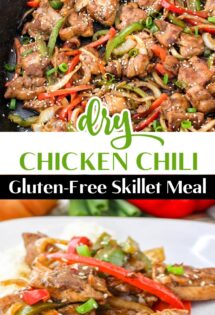 Gluten-free dry chicken chili: a savory skillet meal featuring tender chicken and fresh vegetables.