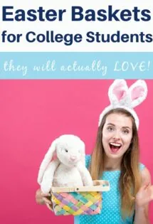 A girl holding an Easter basket filled with goodies that college students will love.
