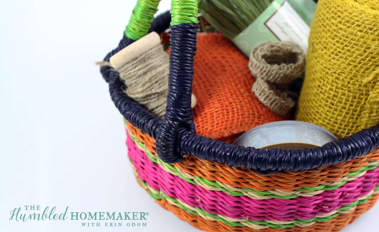 An Easter basket filled with yarn and other items.