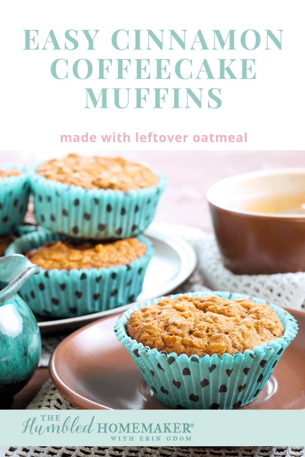 Enjoy a delicious and frugal coffeecake muffin made with a hint of cinnamon. It’s a great way to use up leftover oatmeal. Great for breakfast on the go!