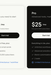 Pricing table with four subscription plans: Free, Lite at $19/month, Pro at $25/month, and Everything at $49/month, each with increasing features for email and e-commerce tools.