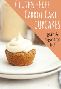 A homemade gluten-free carrot cake cupcake with cream cheese frosting, labeled as grain and sugar-free.