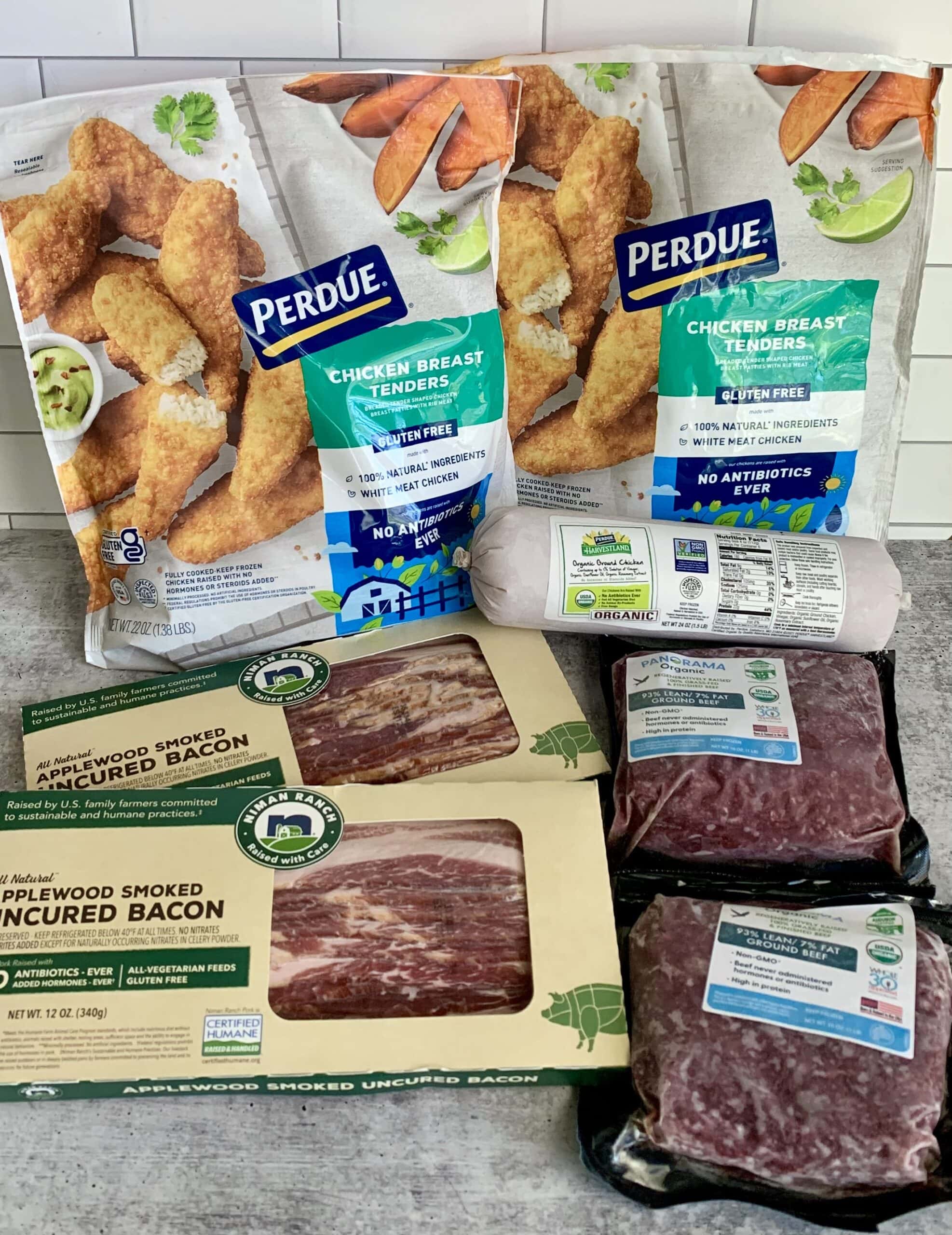 A package of meat and vegetables on a counter to illustrate an honest review of Perdue Farms.