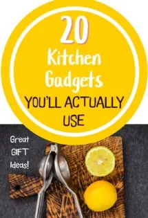 20 kitchen utensil and gadget you'll actually use and love, great gift ideas written on an image of a lemon squeezer.
