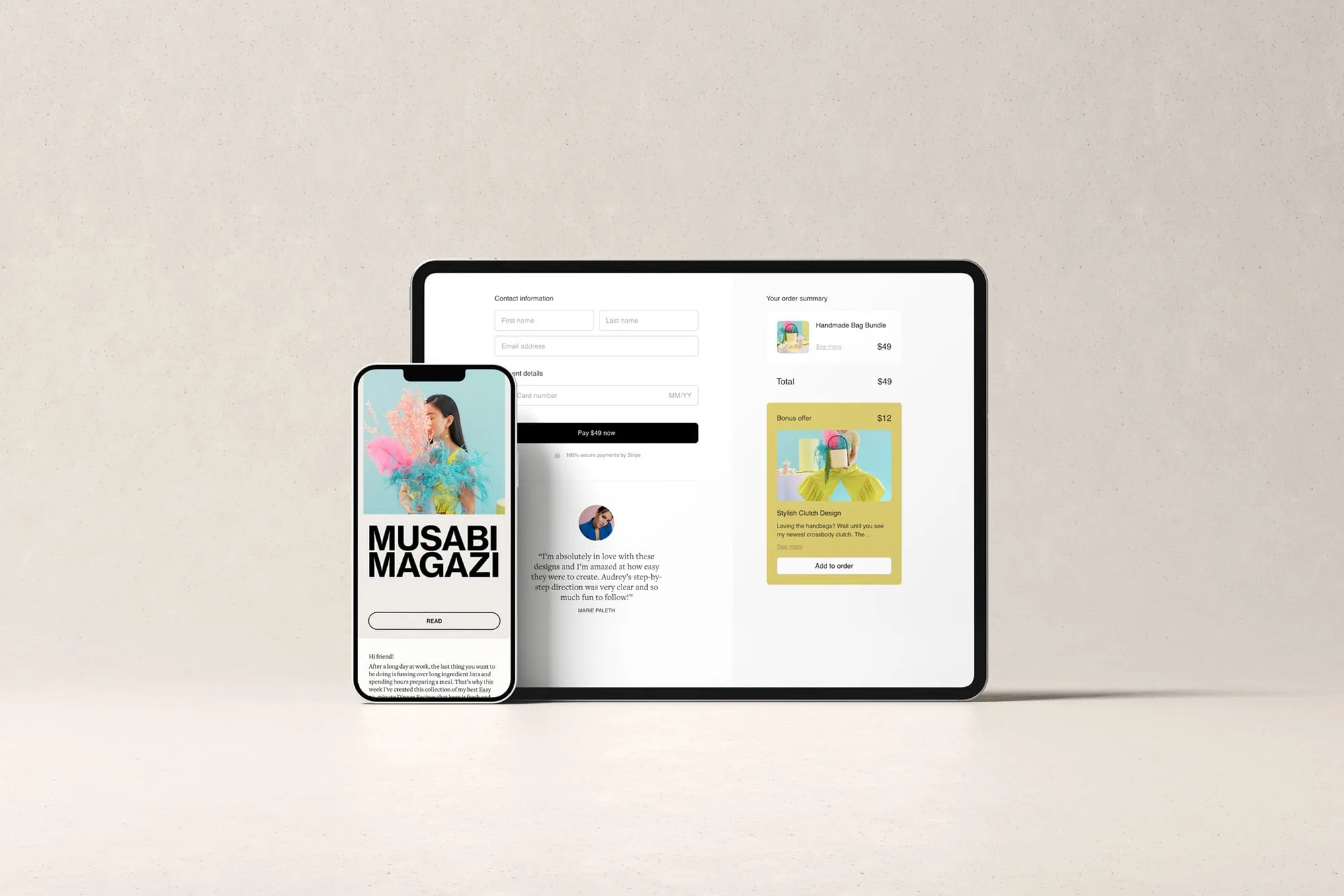 A smartphone displays a magazine article, while a tablet next to it shows an online shopping checkout page with sections for contact details, order summary, and payment.