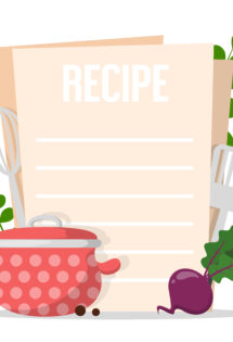 Blank recipe card accompanied by kitchen utensils and fresh ingredients.