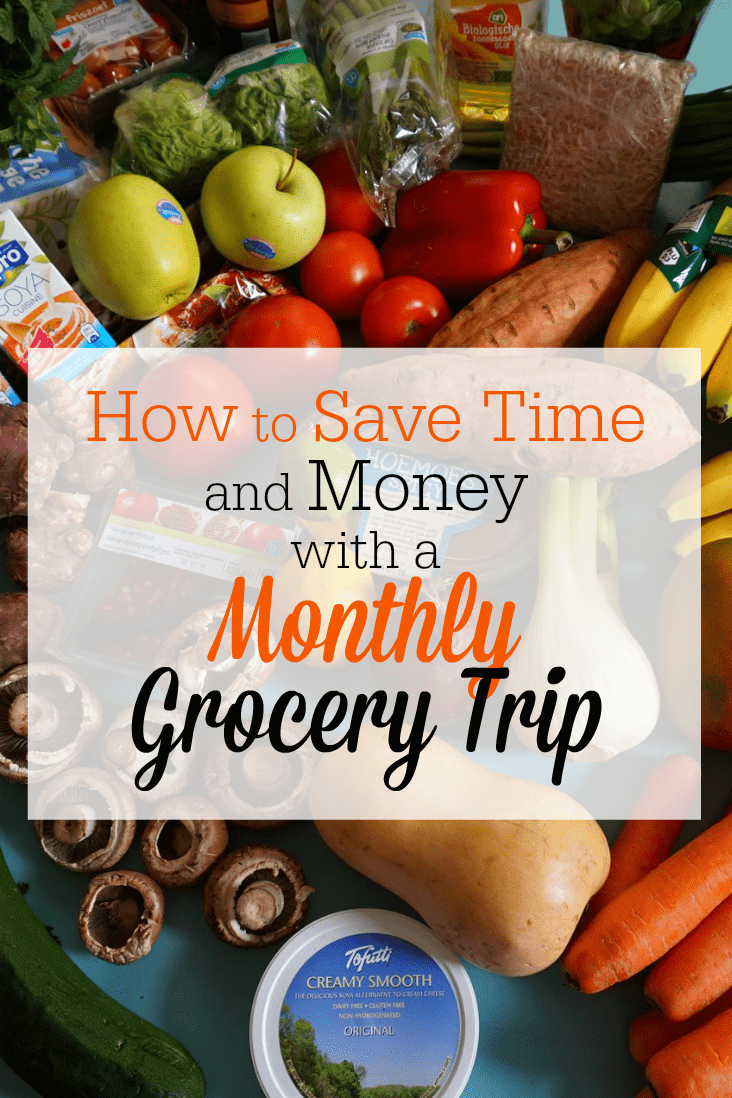 How to Save Money with a Monthly Grocery Trip text overlay on top of groceries 