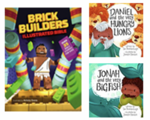 A set of children's books featuring a brick builder and a lion, perfect for giving our kids.