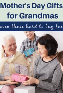 Family presenting gifts to a senior woman, smiling, with text about Mother's Day gifts for grandmas overhead.