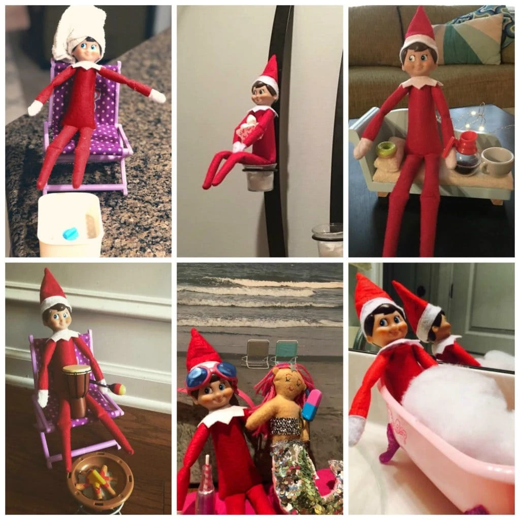 a 6-picture collage of elf on the shelf in various, comedic situations 