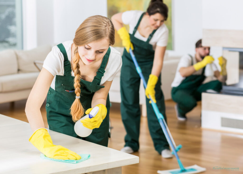 Team of professional cleaners working cleaning a house