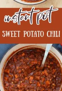 Sweet potato chili simmering in a pot beside a spoon.