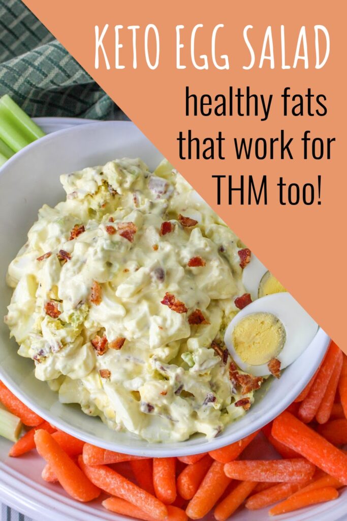 Keto-friendly egg salad recipe suitable for THM, served with celery and carrots.
