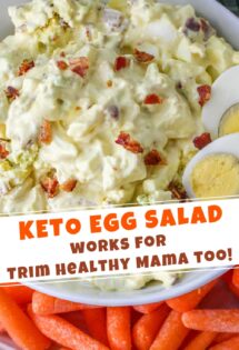 A bowl of keto egg salad topped with bacon, accompanied by carrots, with text overlay highlighting its compatibility with keto and 'trim healthy mama' diets.