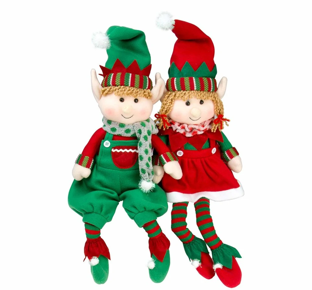 2 plush elves that are an alternative to elf on the shelf