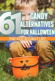 61 non-food Halloween treats that kids actually like overlay on a boy with a candy bucket at Halloween