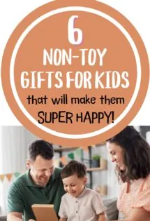6 non-toy gift ideas for kids that will make them super happy text about a couple smiling with a child holding a gift