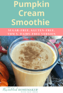This pumpkin cream smoothie is gluten-free, dairy-free and sugar-free. It's the perfect holiday treat--whether it be to celebrate fall, Thanksgiving or Christmas! It's also healthy enough to be breakfast!