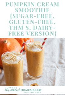 This pumpkin cream smoothie is gluten-free, dairy-free and sugar-free. It's the perfect holiday treat--whether it be to celebrate fall, Thanksgiving or Christmas! It's also healthy enough to be breakfast!