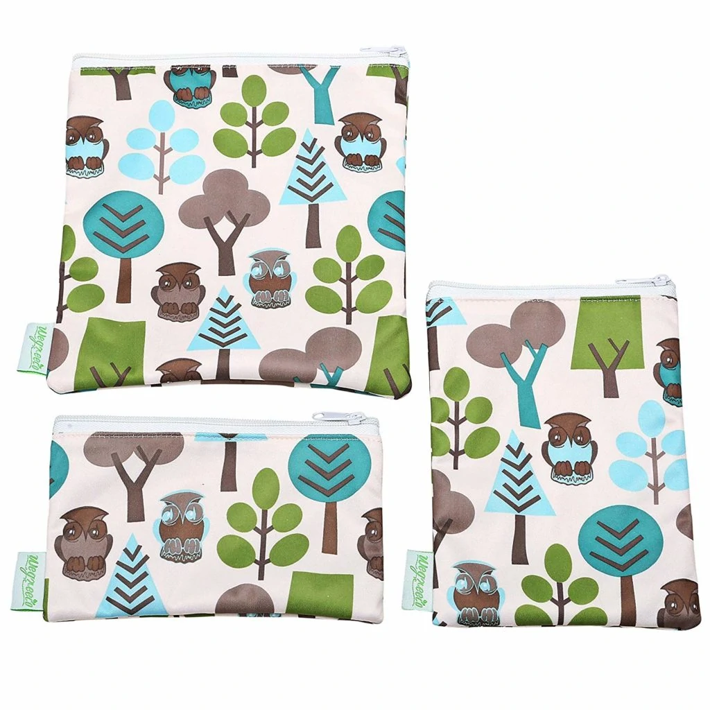 reusable cloth snack and sandwich bags with little trees and owls on them