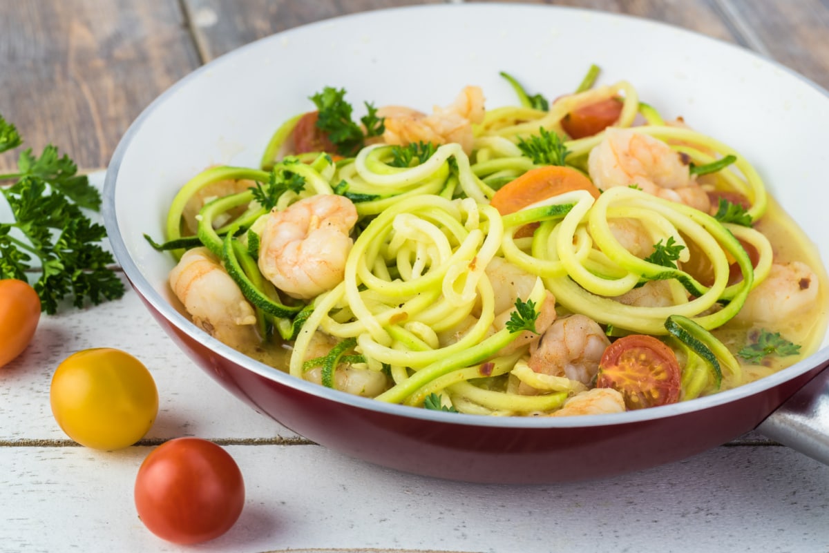 shrimp dish made with low-carb zucchini noodles