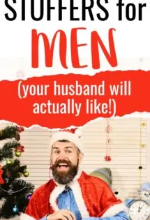 Stocking stuffers for men your husband will actually enjoy with a picture of an excited man in a Santa hat.