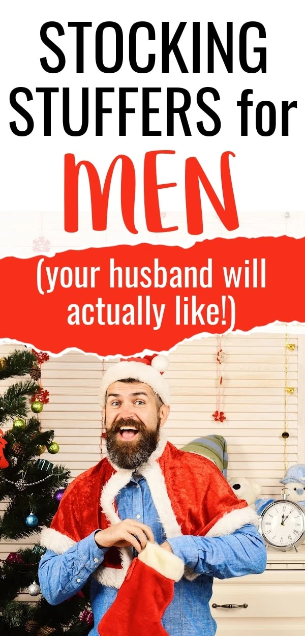 Stocking stuffers for men your husband will actually enjoy with a picture of an excited man in a Santa hat. 