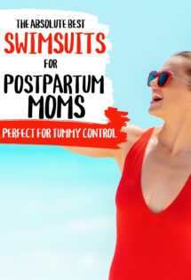 A smiling woman wearing red sunglasses and a swimsuit, with text overlay about the best swimsuits for postpartum moms to help hide mummy tummy.