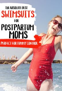 A joyful woman in a red polka-dot swimsuit jumping in the water, with text overlay "the absolute best swimsuits for postpartum moms - perfect for mummy tummy control.