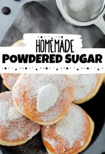 homemade powdered sugar being shaken over pancakes