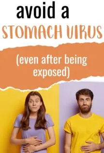Woman and man both holding their stomachs from an apparent stomach virus they were unable to avoid after they tried to avoid a stomach virus after being exposed. Both have funny looks on their faces and are dressed in bright colors.